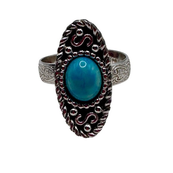 Vintage Ring Sarah Coventry Faux Turquoise Silver Tone Textured Adjustable Band - Picture 8 of 12